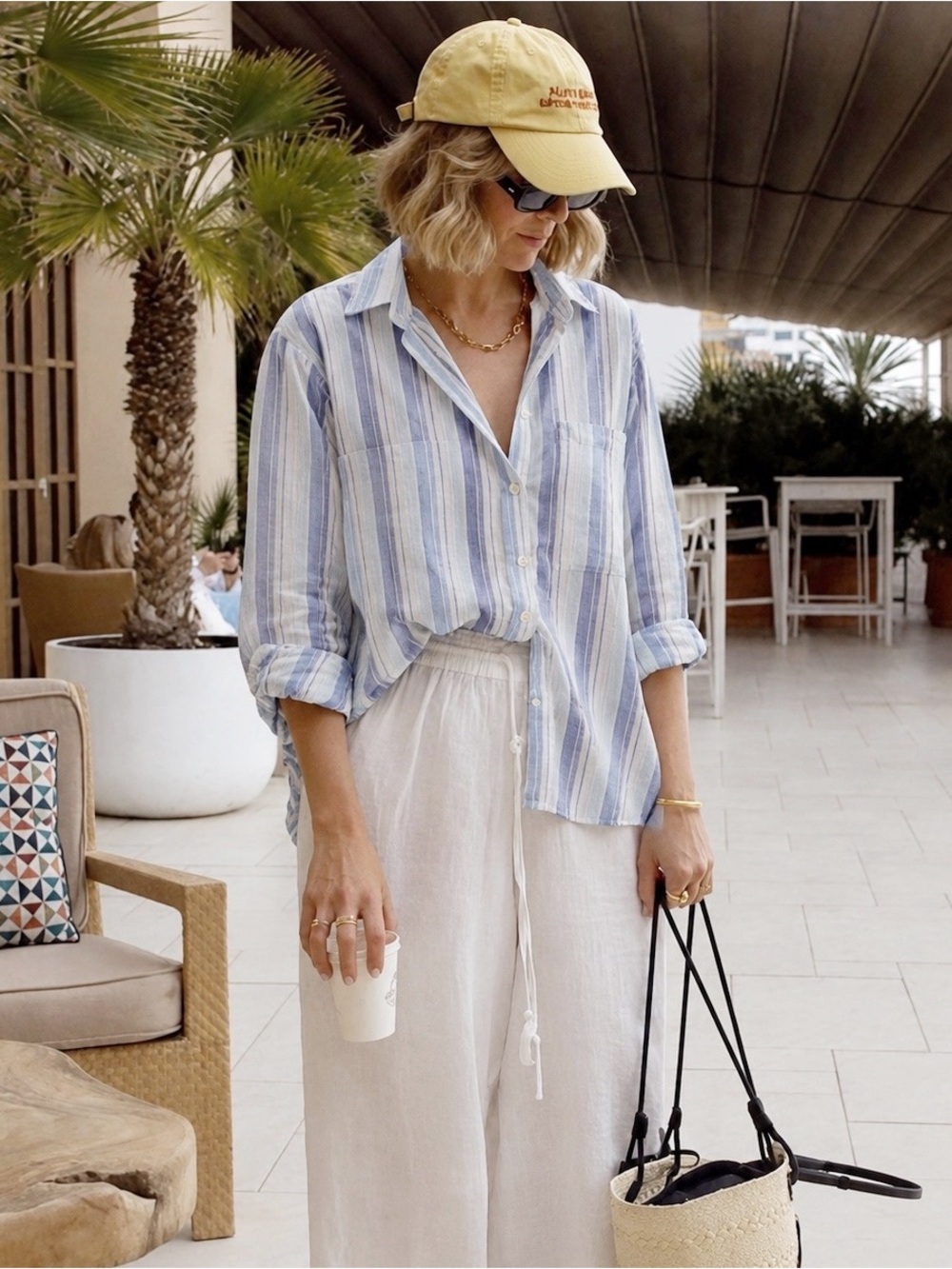 Lord & Taylor Woman Blue Striped Linen Relax  Button Down Shirt SMALL Classic